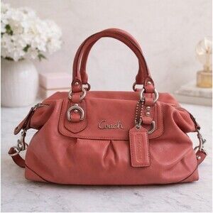 Coach Ashley Coral Pink Leather Satchel Pleated Silver Hardware Hobo Bag